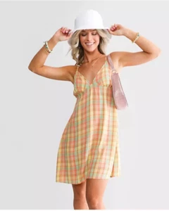Billabong Dress Just Add Sun Yellow Plaid Spaghetti Strap Summer Beach - Picture 1 of 8