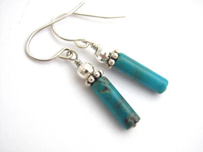 Turquoise Earrings Tube Beads Sterling Silver  December Birth Stone Jewelry Gift Foto 1 de 4