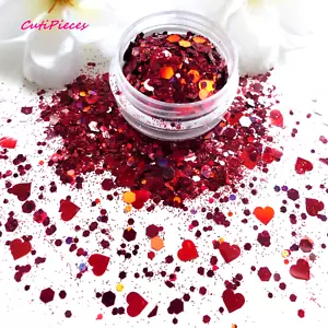 Nail Art Glitter *Valentine Wishes* Red Hexagon Heart Holographic Mix 5ml Pot - Picture 1 of 4