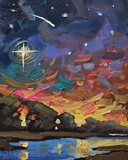 Hawkins Original Signed Artwork Impressionism Oil COA Painting Sunset Night Sky