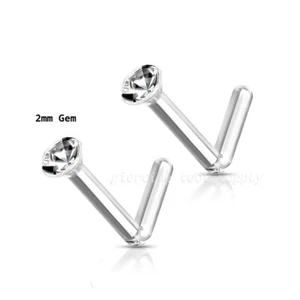 2pcs. 2mm Flat CZ Flexible Clear L-Bend Nose Stud Nose Ring 20G 18G - Picture 1 of 2