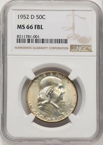1952-D FRANKLIN HALF DOLLAR NGC MS66 FBL - Picture 1 of 4