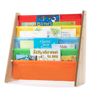 Childrens Kids Book Shelf Wooden Sling Storage Rack Organizer Bookcase Bookshelf