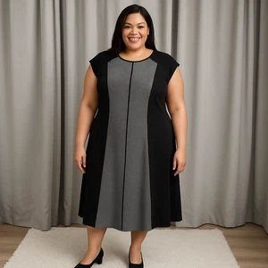 Abito midi Sandra Darren taglie forti 24W senza maniche colorblock nero grigio zip dietro - Foto 1 di 13