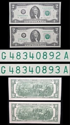 2x Sequential Serial Number $2 Dollar Note 💵 - Image 1 of 4