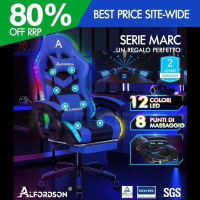 ALFORDSON Sedia Gaming con 12 Colori LED Massaggio Sedia Ufficio Blu e Nero - Immagine 1 di 4