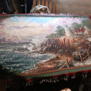 Thomas Kinkade Painter of Light Lighthouse Ocean Tapestry Throw Fringe - Picture 1 of 9