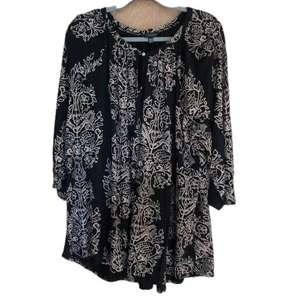 Lucky Brand Boho Top Floral 3/4 Raglan Sleeve Womens Sz 3X Peasant Black Tan - Picture 1 of 8