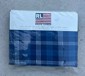 Vintage Ralph Lauren tiefes Spannbettlaken - blau-weiß kariert Design King - Bild 1 von 4