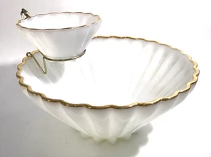 Anchor Hocking Chip Dip Set w Bracket Rachel Pattern Gold Rim Scallop Fire King - Picture 1 of 13