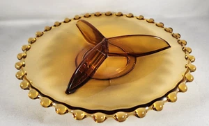 Imperial Glass Divided Dish Amber Round 7” Candlewick Beaded Edge 1940’s - Picture 1 of 4