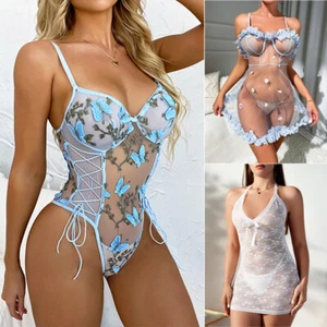 Women Sexy Floral Teddy Lingerie Sleepwear Bodysuit Lace Mesh One Piece Dress - Picture 1 of 26