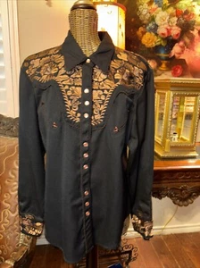 Vintage Scully Black Embroidered Pearl Snap Western Shirt L - Picture 1 of 16