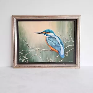Kingfisher Bird dipinto olio originale firmato vintage paesaggio incorniciato anni 90 - Foto 1 di 7