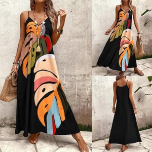 Damen V-Neck Print Trägerkleid Strandkleid Urlaub A-Linie Maxikleid Sommerkleid - Bild 1 von 15