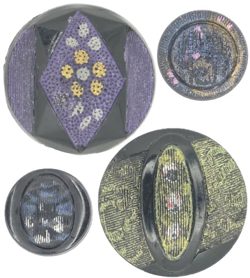 LOTE de botones incrustados pintados cúpula de vidrio negro antiguo años C1910-30 púrpura azul verde Foto 1 de 4