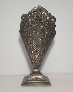 Ornate Art Nouveau Art Deco Fan Shaped Metal Vase with Square Base and Pineapple