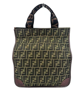 FENDI Tote Bag Zucca Nylon Leather Khaki Hand Purse Authentic - Picture 1 of 24