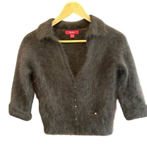 Vintage Monsoon Brown Angora Blend Fluffy Cardigan Sweater Button UK12 EU40 - Picture 1 of 5