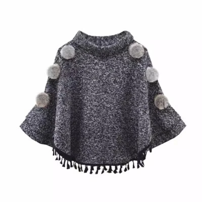 Women Tassel Fringe Cape Jacket 3/4 Sleeve Poncho Cloak High Neck Wrap Shawl - Image 1 of 4