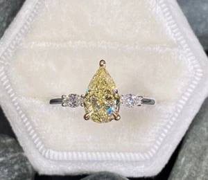 IGI Certified 1.50Ct Pear Cut Vivid Yellow Lab Grown Diamond Ring 14k White Gold - Picture 1 of 23