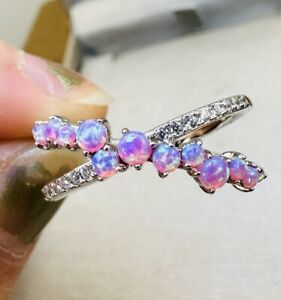 Ring Bomb Party Sz10 RBP Cluster of Pink Opals & Accents X Shaped Rhodium P Band