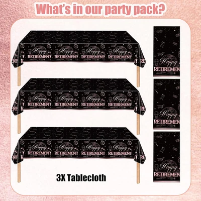 Disposable Plastic Tablecloths Rectangular Cover Happy Retirement Party 3Pieces - Image 1 of 4