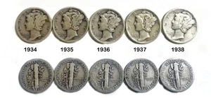 5 Mixed 1930's Date Silver Mercury Dimes 1934 -1938 - FREE SHIPPING - Picture 1 of 1