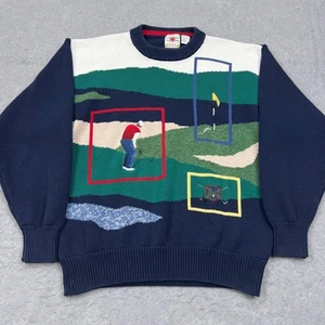 VTG Cotton Traders Sweater Mens Large Blue Golfer Putting Golf Shape Knit Course - Picture 1 of 8