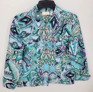 Chicos Jacket Womens Medium 1 Blue Purple Green Geo 70s Print Artsy Button Up - Picture 1 of 9
