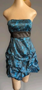 Ruby Rox Teal/Black Paisley Bubble-Hem Strapless Mini Dress w/Satin Sash 9 NWT  - Picture 1 of 12