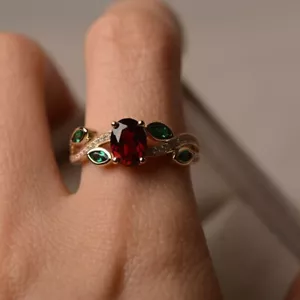 Red Garnet Floral Ring Natural Gemstone 925 Sterling Silver Gold Plated Ring - Picture 1 of 5