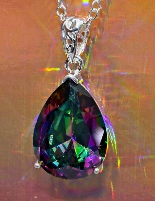 ~ 23 CARATS MYSTIC TOPAZ PENDANT NECKLACE PEAR CUT on 18" Chain 925 Silver - Image 1 of 4