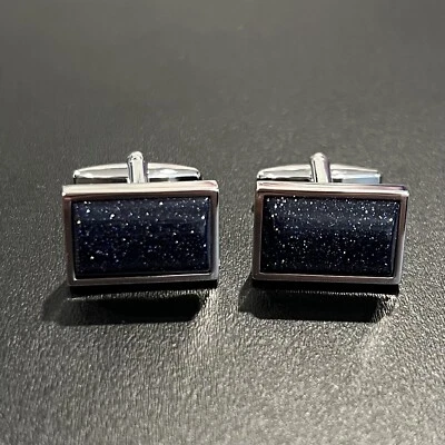 Gemelos rectangulares de piedra dorada azul para hombre regalo de boda de cumpleaños en caja Foto 1 de 4