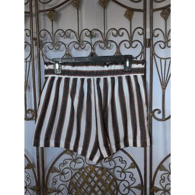 Hot Kiss Womens Shorts Junior 9 White Blue Brown Striped Belted Cotton Chino - Image 1 of 4