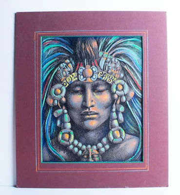 Original Joseph Kozak Dibujo Arte Trabajo Lápiz de Colores Hombre Guerrero Retrato Maya Foto 1 de 3