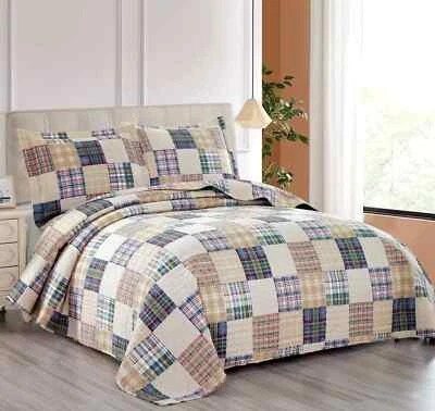 Beige Plaid Quilt Set Full/Queen Country Patchwork Bedding Quilt Lightweight Rev - Image 1 of 4