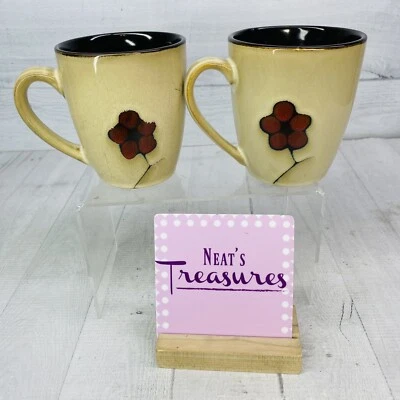 Pfaltzgraff ASTER Red Flower Beige Brown Stoneware 16oz 4" Coffee Cup Mug Set 2 - Image 1 of 4