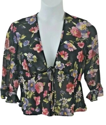 Blusa para mujer Miss Dorby negra con volantes florales semi transparente talla 16 corbata delantera  Foto 1 de 4