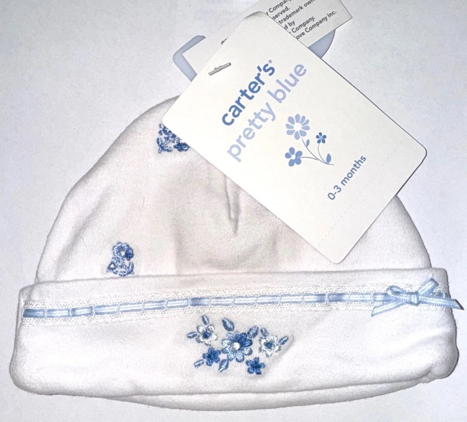 CARTERS hat white/blue FLORAL motif size 0-3 months - Image 1 of 1