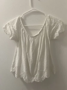 Full Tilt White Boho Peasant Top S Lace Trim Flutter Sleeves Cottagecore Blouse - Picture 1 of 8