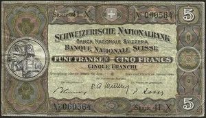 Suiza - billete de banco 5 Francos Guillaume Tell 20-01-1949 Am,Para ²,Ebl ! P # - Picture 1 of 2