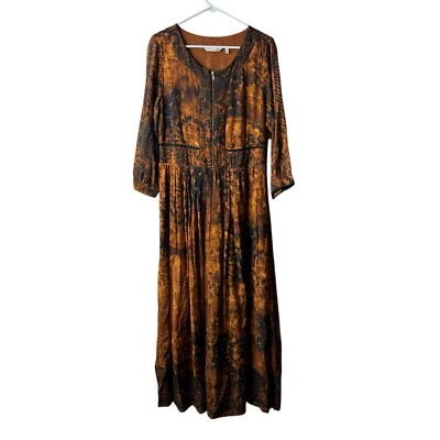 Soft Surroundings Brown Orange Patterned Boho 3/4 Sleeve Maxi Dress Venetian 8 - Image 1 of 4