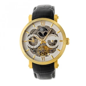 Heritor Automatic Aries Men's Skeleton Black Leather Gold Watch HR4406 - Picture 1 of 3