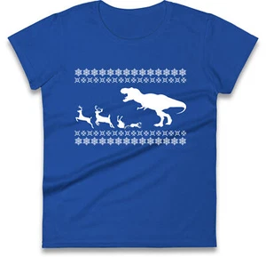 T-shirt divertente T-Rex brutto Natale da donna, maglietta da donna a caccia di dinosauri renne - Foto 1 di 11