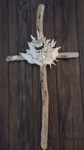 Driftwood Cross with Shells, Pearls & Coral, Driftwood, Hand Made. - Picture 1 of 5