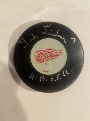 Шайба с автографом и надписью Ted Lindsey Detroit Red Wing сертификат подлинности JSA - Изображение 1 из 3