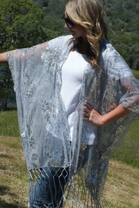 Gray Silver Sequin Lace Floral Festival Kimono Duster Top One size Plus size - Picture 1 of 5