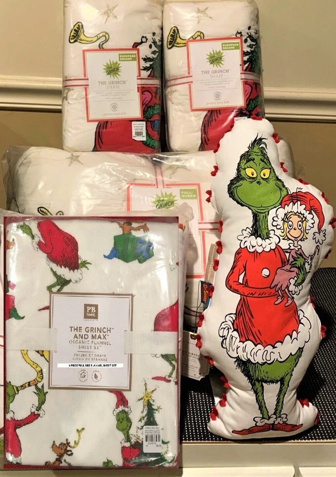 POTTERY BARN Grinch QUILT Full  FLANNEL Sheet Set 2 EURO SHAMS Decorative Pillow - Image 1 of 1