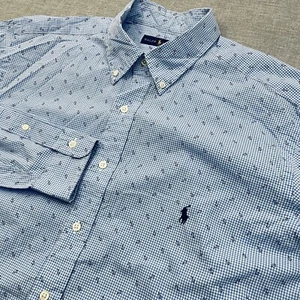 Ralph Lauren Shirt Mens Large Tall LT Blue Gingham Anchor AOP Nautical Button - Picture 1 of 9